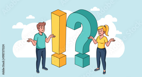A cartoon illustration of a man and woman standing next to a large exclamation mark and question mark
