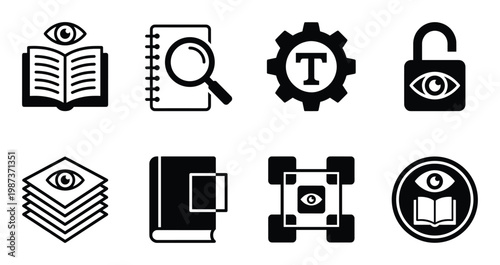 Collection of black glyph icons representing knowledge, vision, and secure information access