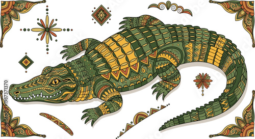 Vibrant green and yellow crocodile with intricate tribal patterns isolated on white background