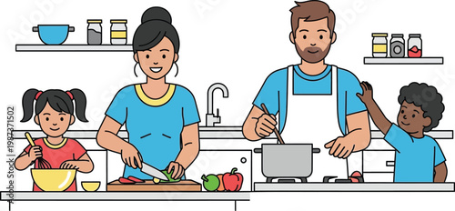 Family Cooking Together in Kitchen: Parents and Children Preparing Meal