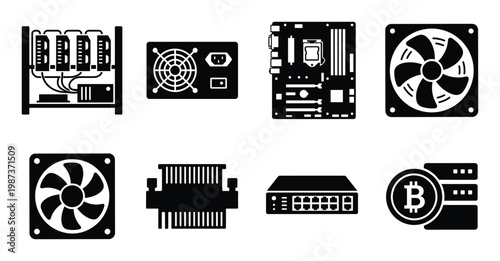 Computer components and crypto mining gear icons featuring motherboard gpu rig and bitcoin symbols