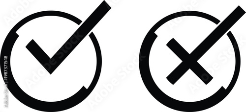 Check and cross icons in circle frames, approval and rejection symbols set isolated on white background for UI design, validation, feedback, and decision making