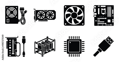 Computer components for mining rig power supply graphics card and cooling fan