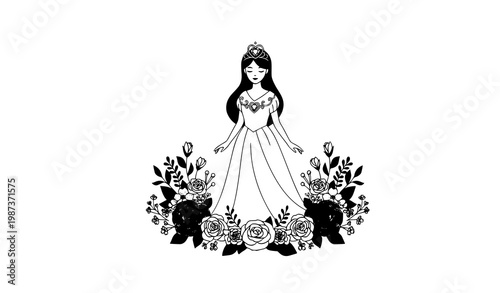 Fairy tale princess vector with heart jewel crown and floral elements elegant girl illustration isolated on white