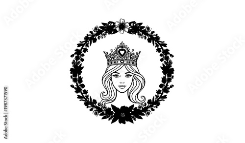 Princess portrait with heart crown in floral wreath vector fairy tale illustration isolated on white