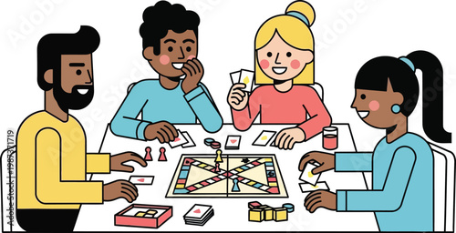 Diverse friends playing board game at table, happy faces, indoor fun, leisure activity