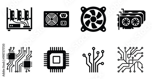 Cryptocurrency mining hardware components and circuit board technology icons