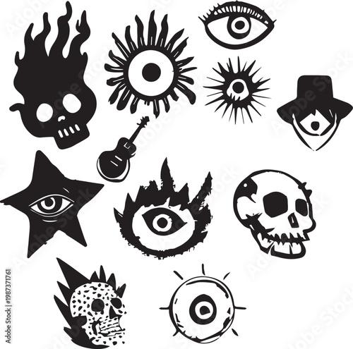 Punk rock doodle icons featuring skulls hands flames and edgy artistic symbols
