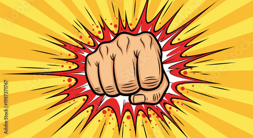 A cartoon fist punching through a colorful explosion background