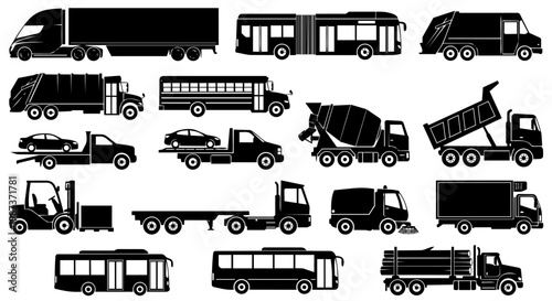 A comprehensive collection of black silhouette commercial and public transportation vehicles, including trucks, buses, and utility vehicles, presented as isolated icons on a white background.