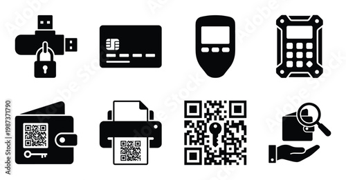 Cryptocurrency wallet and qr code scanner icons for mobile payments and secure financial transactions