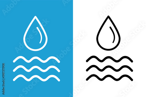 Water flow or a river in both line icon isolated on  white and blue background.