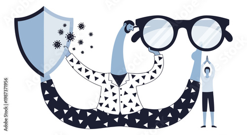 Virus protection concept with shield and magnifying glass vector illustration for healthcare safety immunity infection control medical awareness design