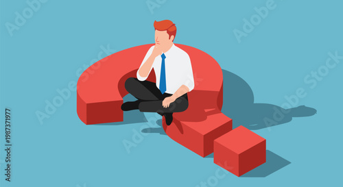 Businessman sitting on a giant question mark symbol thinking deeply