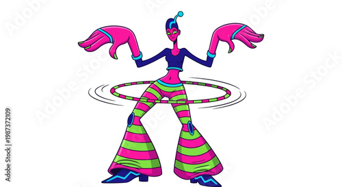 Retro dancer with hula hoop vector illustration in vintage 70s style for fitness fun dance workout nostalgia lifestyle activity concept