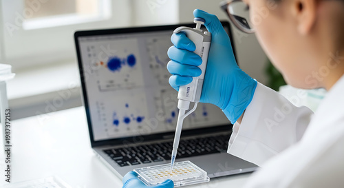 Female scientist in white lab coat and blue gloves using automatic pipette for sample research, laptop with data charts on background, pharmaceutical laboratory, realistic high quality photo.