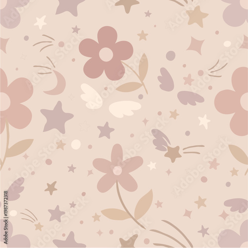 Cute seamless pattern with flowers, stars and moon in pastel colors, childish nursery background.