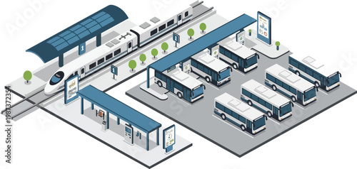 Isometric Transport Hub with High-Speed Train and Electric Bus Terminal; Smart City Public Transportation Infrastructure and Sustainable Mobility Concept
