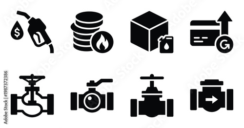Fuel nozzle coins gas container credit card rising graph icons