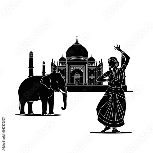 Indian cultural scene with Taj Mahal elephant and dancer silhouette