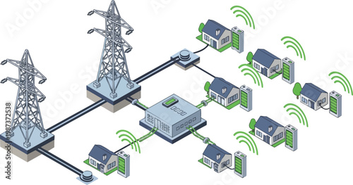 Isometric Smart Grid Energy Distribution System showing Power Transmission Towers, Residential Houses, and Battery Storage Units for Sustainable Utility Management
