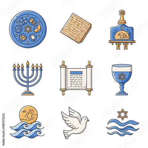 Jewish Holiday Symbols Icons Set Passover Hanukkah Rosh Hashanah Symbols