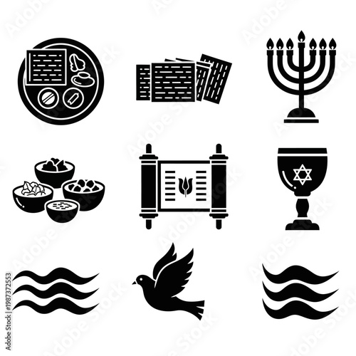 Jewish Holiday Symbols Passover Seder Matzah Menorah Torah Dove and Wine Cup Icons