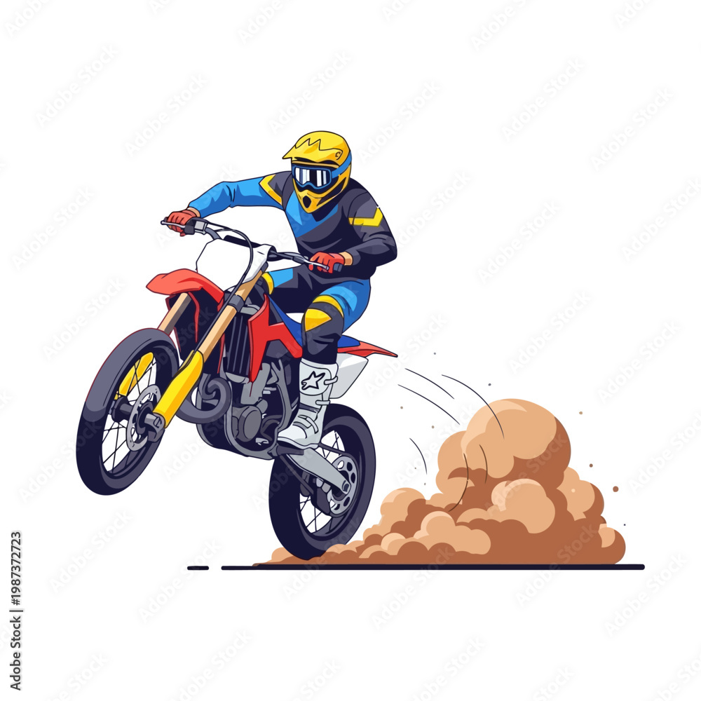Obraz premium Motocross Rider Jumps Dirt Bike Creating Dust Cloud