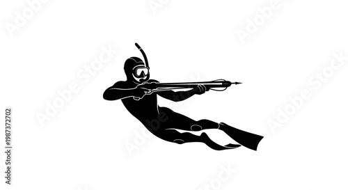 Spearfishing Diver Silhouette with Speargun Underwater Activity