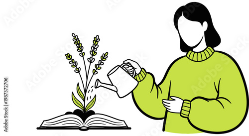 Woman nurturing plant growing from book vector illustration for education learning growth knowledge development gardening environment sustainability concept