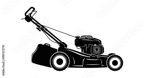 Black Silhouette of a Push Lawn Mower on White Background