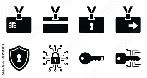 Identification card and digital key security icons representing access control and encryption tech