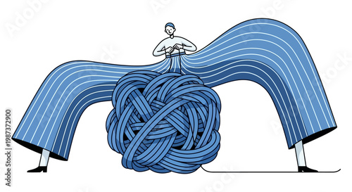 Person tangled in rope knot vector illustration for problem solving complexity challenge mental stress concept business difficulty strategy solution abstract infographic design