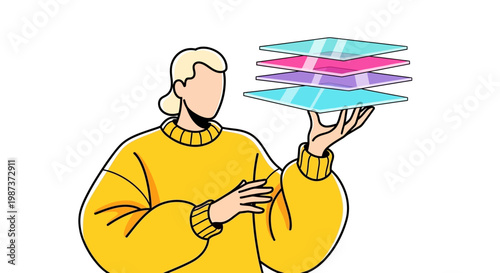 Person presenting layered screens vector illustration for digital interface user experience UX UI design app development web design technology concept modern dashboard system