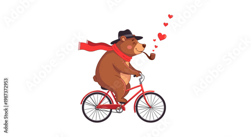 A brown bear riding a red bicycle with hearts coming out of pipe isolated on white background