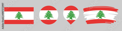 Lebanon Flag Set - National Banner in Rectangle Circle Map Pin and Brush Stroke Styles on Gray Background