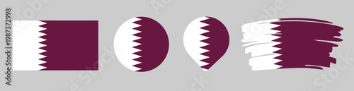 Qatar Flag Set - National Banner in Rectangle Circle Map Pin and Brush Stroke Styles on Gray Background
