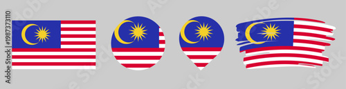 Malaysia Flag Set - National Banner in Rectangle Circle Map Pin and Brush Stroke Styles on Gray Background