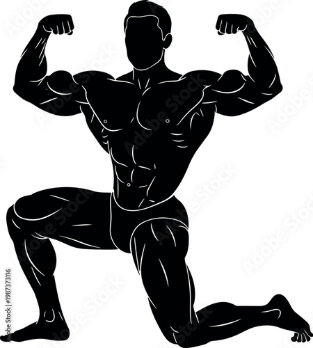 Black vector silhouette illustration of a strong muscular bodybuilder man kneeling down while flexing in front double biceps pose design