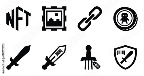 Nft line icon set. non fungible token, digital art, blockchain technology, game asset, crypto