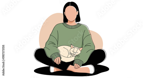 Woman meditating with cat on lap vector illustration for home lifestyle relaxation mindfulness pet companionship interior wellness mental health concept