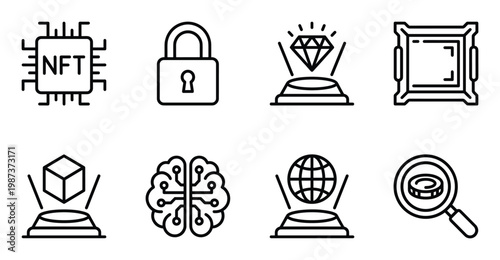 Nft pixel art line icon set. non fungible token, digital art, blockchain technology, game asset