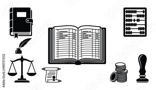 Old accounting and law objects vintage collection book abacus scales and stamp document