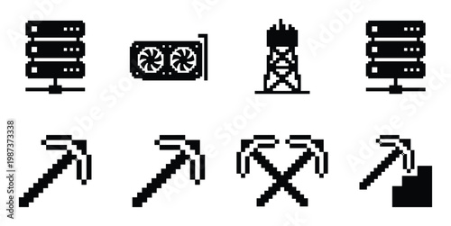 Pixel art style crypto mining and server icons including pickaxe gpu and network storage symbols