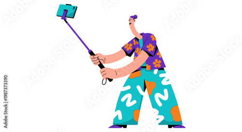 Content creator recording selfie  video with smartphone on stick vector illustration for social media influencer marketing digital communication online content creation concept