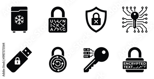 Security and data protection icons lock shield key encryption digital privacy technology concept