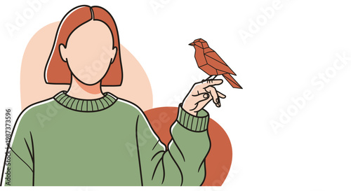 Photos woman holding small bird in hand vector illustration for nature wildlife care en