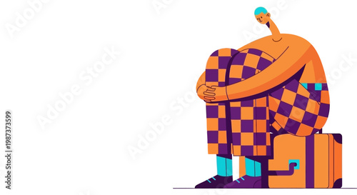 Person sitting on suitcase vector illustration for travel stress waiting journey delay tourism lifestyle emotional concept isolation and uncertainty design