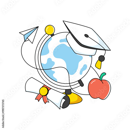 Globe with mortarboard, doodle design of global learning 