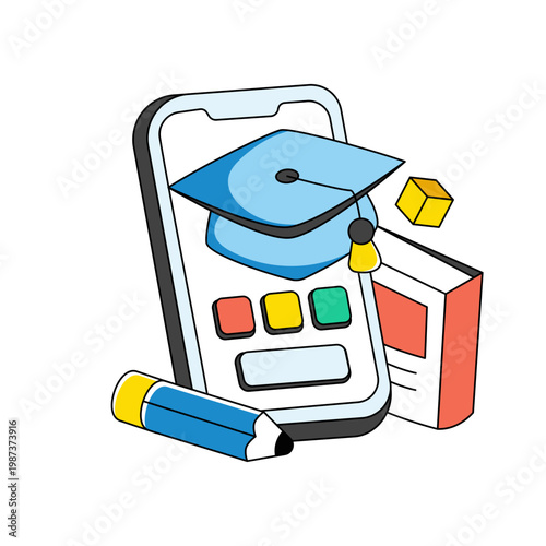 Mortarboard inside smartphone, icon of mobile education